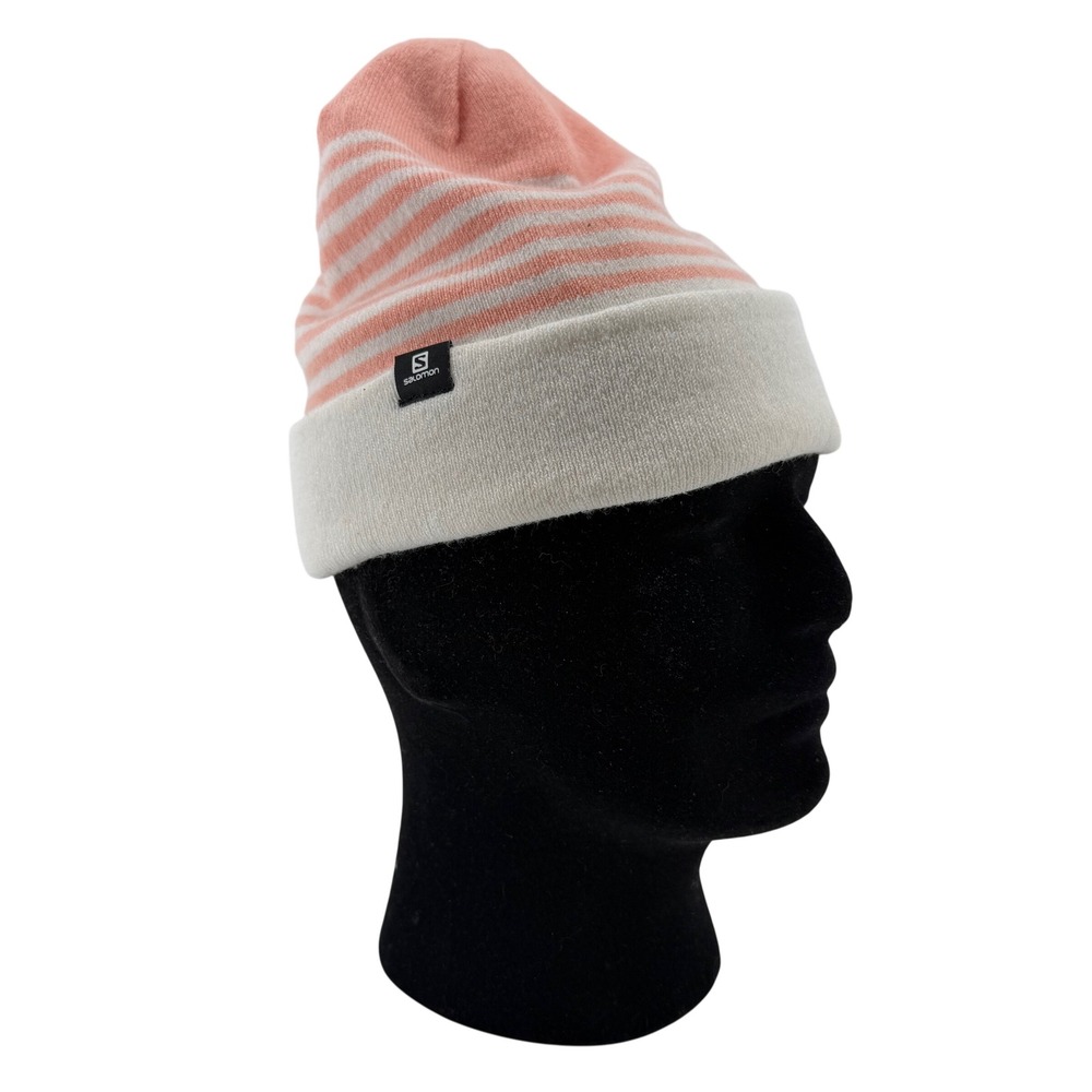 Salomon Beanie Womens OS‎ Peach White Striped Cuffed Knit Hat Ski Snowboard Hike